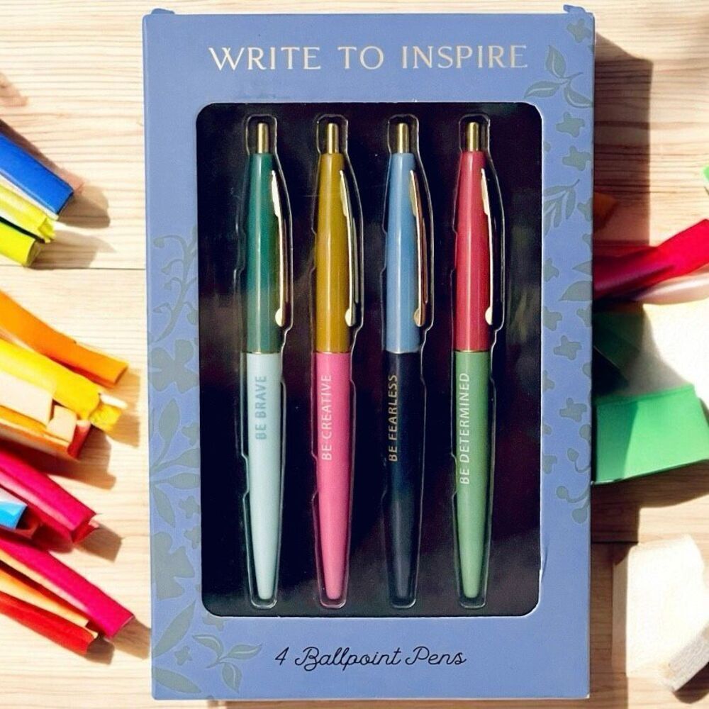 NWT ECCOLO set of 4 Inspirational graphic ballpoint Pens Gift Set Brave Fearless